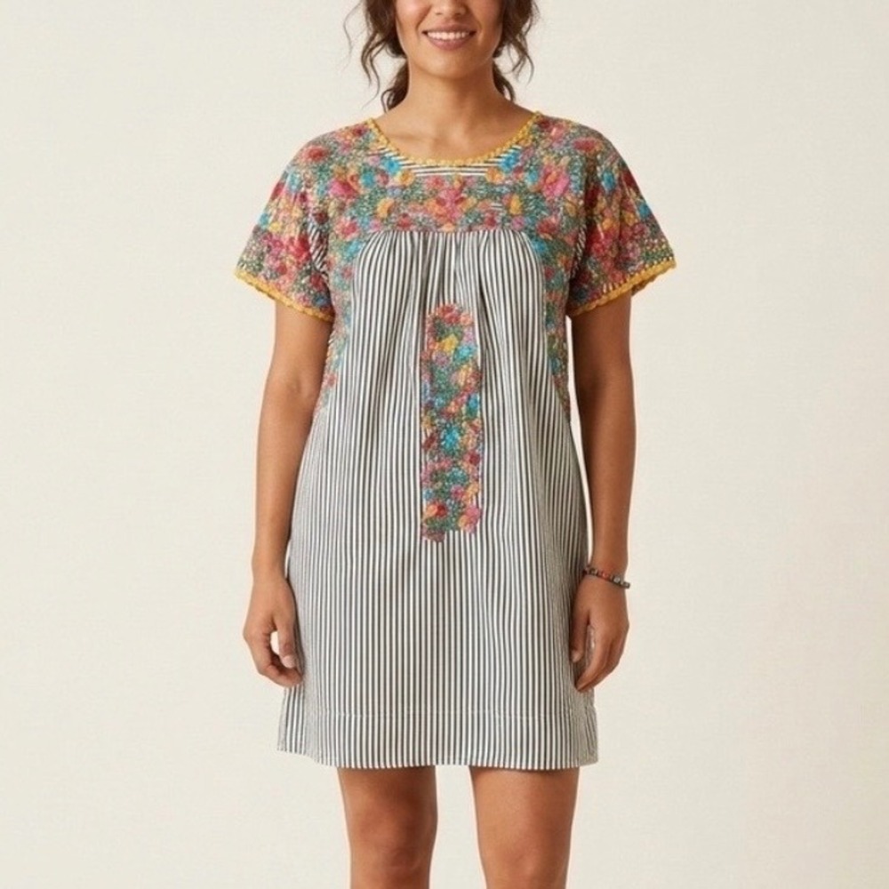 Sister Mary Stripe Marylou Embroidered Floral Boho Mini Dress Navy Blue XS